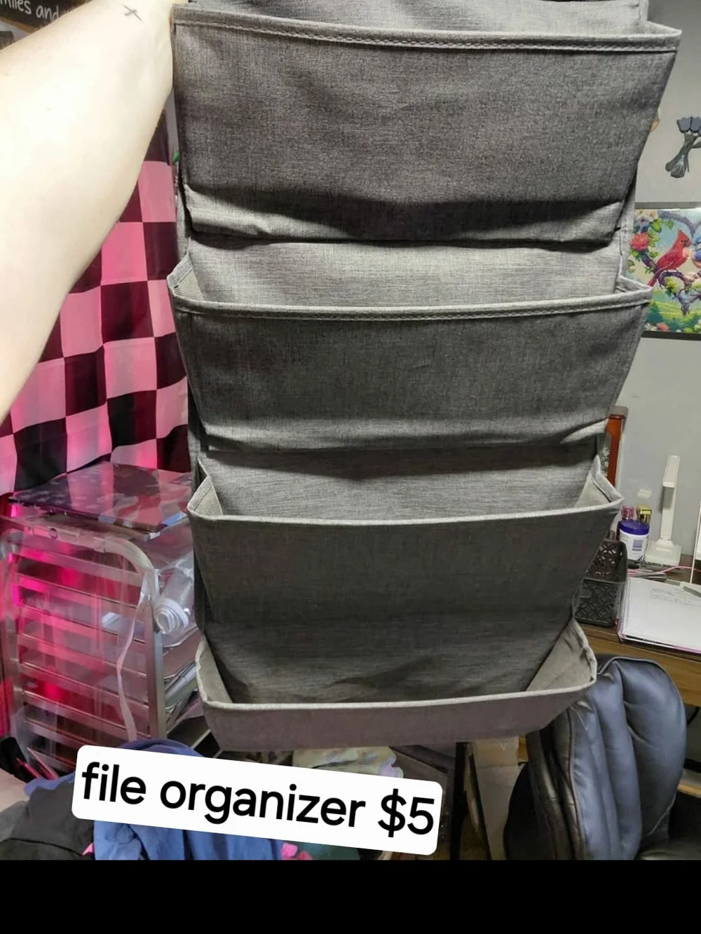 Gray Hanging File Organizer - Multi-Pocket Home Storage